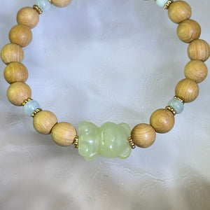 Green Nephrite Teddy Bear Thuja Wood Beads Bracelet 和田玉鸭蛋青玉小熊崖柏木手串