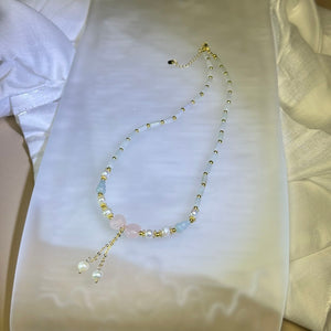 Green Jade Rose Quartz Love Heart Beads Necklace 糯种豆色翡翠粉水晶爱心珠链项链