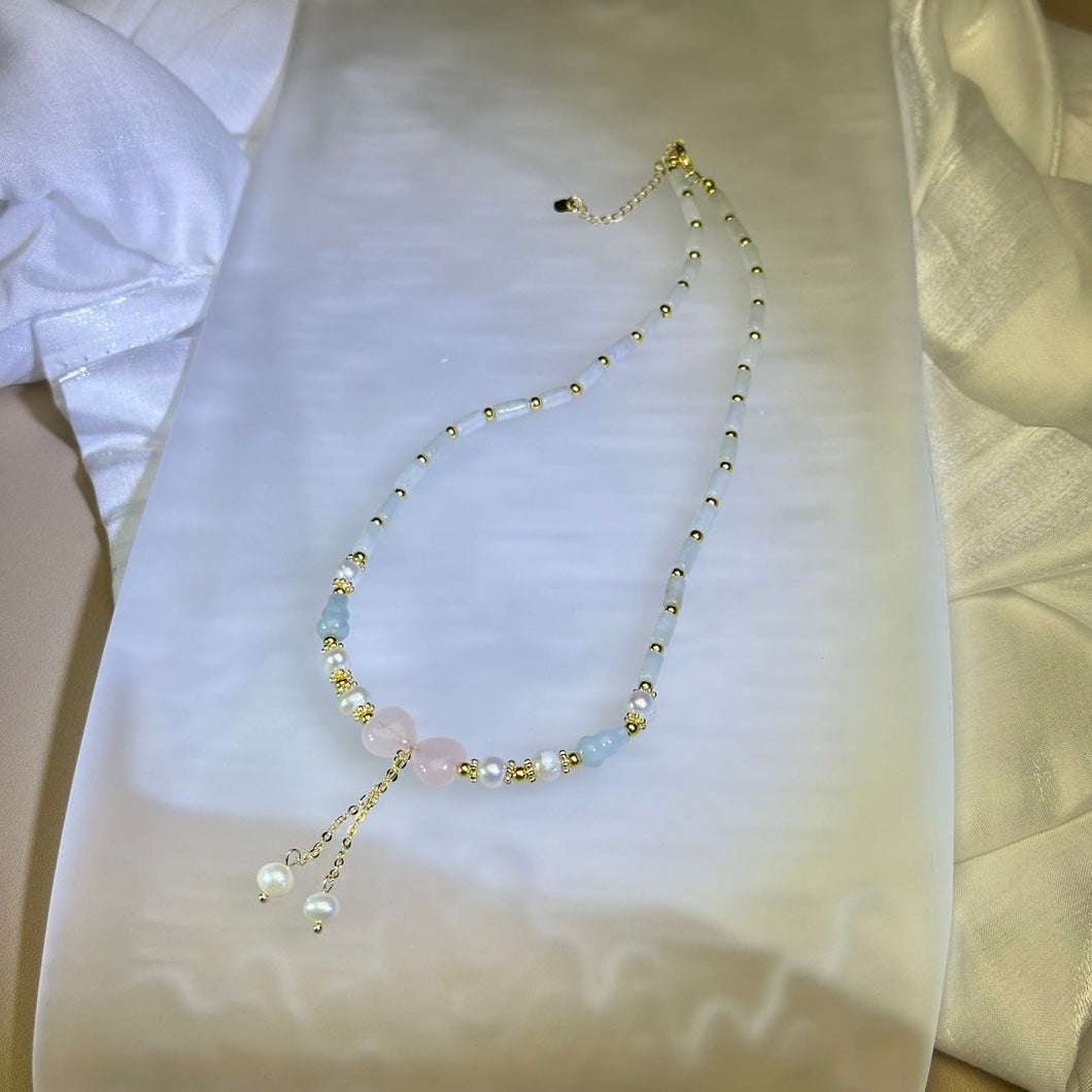 Green Jade Rose Quartz Love Heart Beads Necklace 糯种豆色翡翠粉水晶爱心珠链项链