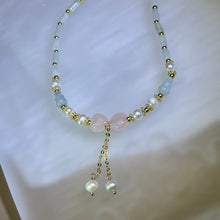 将图片加载到图库查看器，Green Jade Rose Quartz Love Heart Beads Necklace 糯种豆色翡翠粉水晶爱心珠链项链
