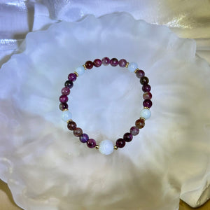 Pink Tourmaline Green Jade Beads Bracelet 粉色碧玺糯种豆色翡翠手串