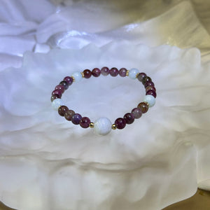 Pink Tourmaline Green Jade Beads Bracelet 粉色碧玺糯种豆色翡翠手串