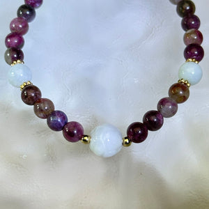 Pink Tourmaline Green Jade Beads Bracelet 粉色碧玺糯种豆色翡翠手串