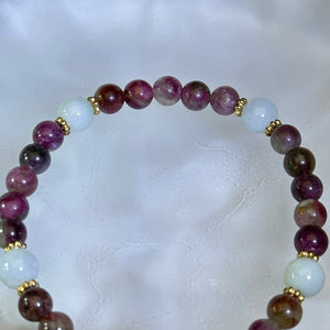 Pink Tourmaline Green Jade Beads Bracelet 粉色碧玺糯种豆色翡翠手串