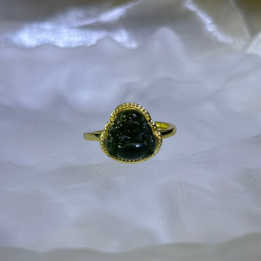 Green Nephrite Laughing Buddha Adjustable Ring 和田玉青玉弥勒佛镶嵌活口戒指