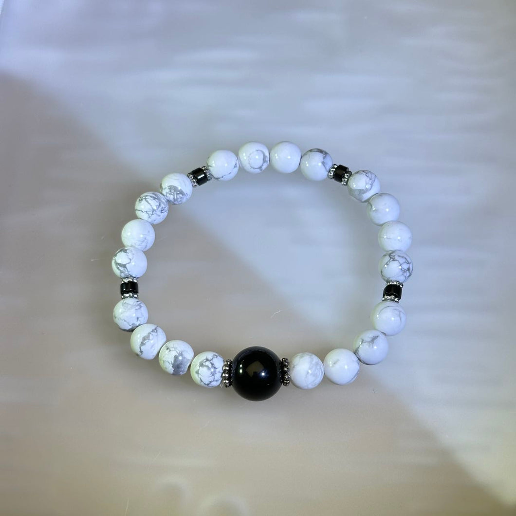 Hawlite Obsidian Beads Bracelet 白松石黑曜石手串