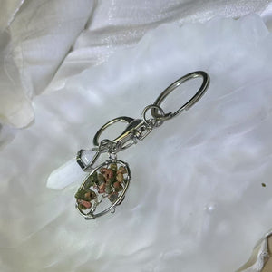 Clear Quartz Wand Brecciated Jasper Tree of Life Ornament Key Ring Bag Charm 白水晶双尖六棱柱花绿石生命之树挂式钥匙扣包挂