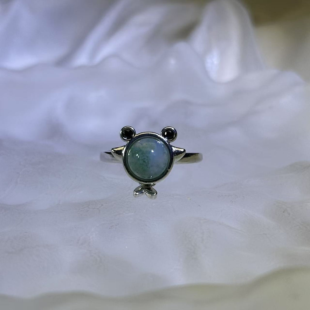 Green Moss Agate Fish Adjustable Ring 绿色水草玛瑙镶嵌小鱼活口戒指