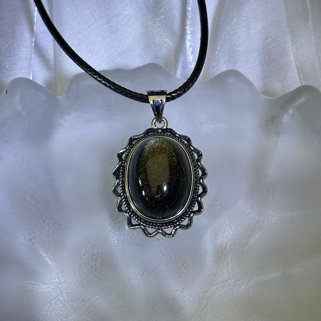 Golden Sheen Obsidian Pendant Necklace 金眼黑曜石镶嵌吊坠项链