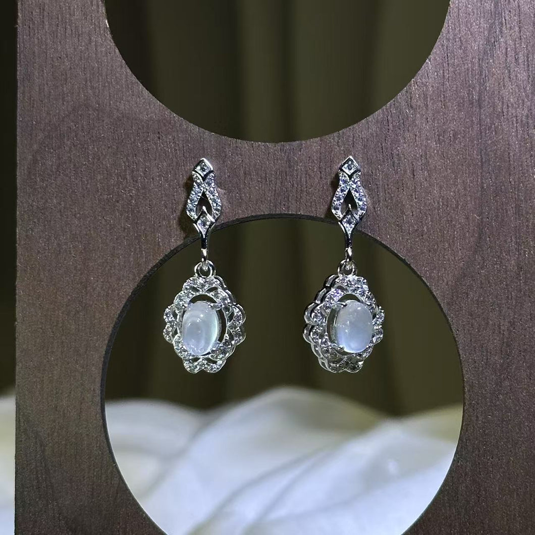 925 Silver Moonstone Earrings 冰长石月光石镶嵌银耳钉