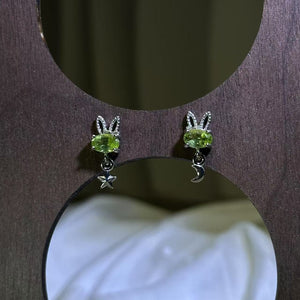 925 Silver Peridot Rabbit Earrings 橄榄石镶嵌小兔子银耳钉