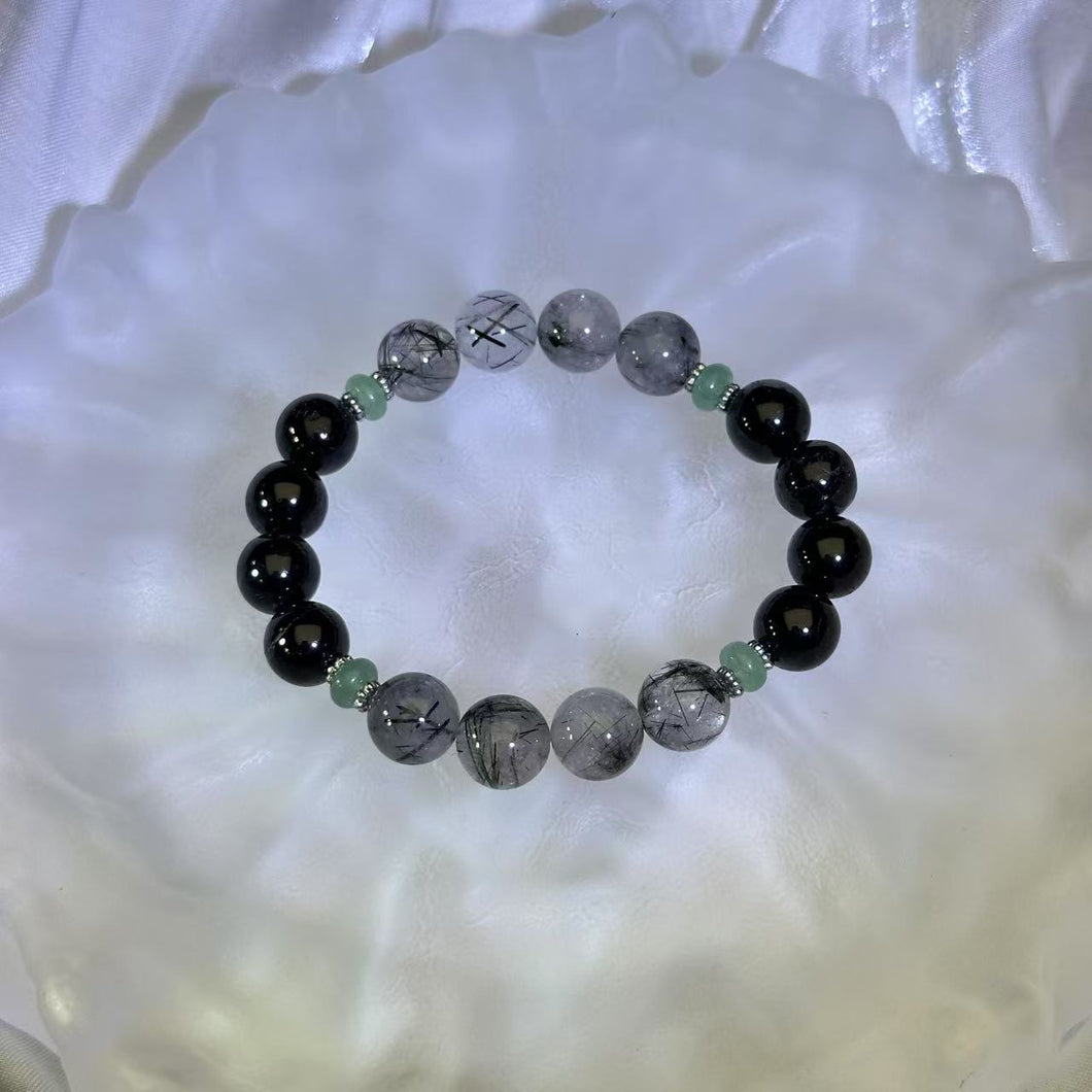 Black Tourmalined Quartz Black Tourmaline Beads Bracelet 黑发晶黑碧玺手串