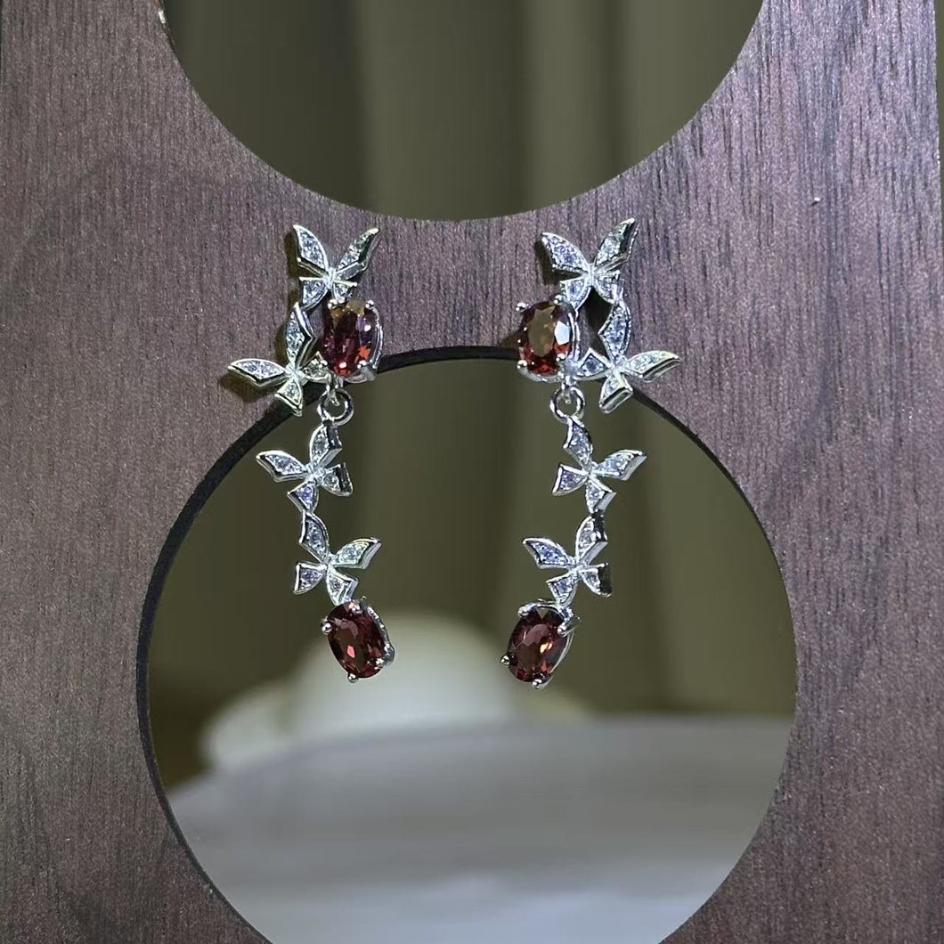 925 Silver Ruby Garnet Butterflies Earrings 酒红石榴石镶嵌蝴蝶银耳钉