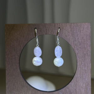 925 Silver Rose Quartz White Freshwater Pearl Earrings 粉水晶白色淡水珍珠银耳钩