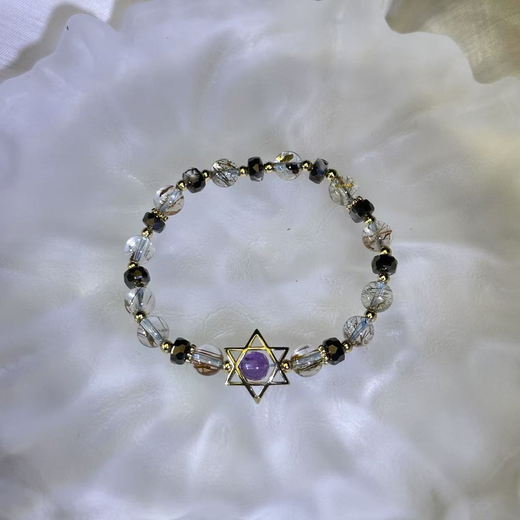 Amethyst Copper Rutilated Quartz Beads Bracelet 紫水晶铜发晶水晶手串