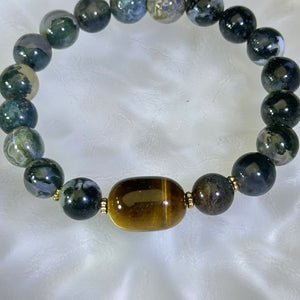 Green Moss Agate Yellow Tiger's Eye Beads Bracelet 绿色水草玛瑙黄色虎眼石手串