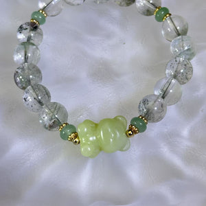 Green Phantom Quartz Green Serpentine Teddy Bear Beads Bracelet 绿色幽灵水晶绿色岫玉小熊手串