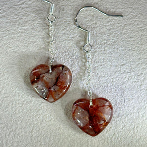 925 Silver Red Hematoid Quartz Love Heart Earrings 红胶花水晶爱心银耳钩