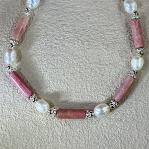 Rhodonite White Freshwater Pearl Beads Bracelet 蔷薇辉白色淡水珍珠珠链手链