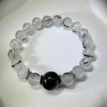 Load image into Gallery viewer, Black Tourmalined Quartz Black Obsidian Beads Bracelet 黑发晶水晶黑曜石手串
