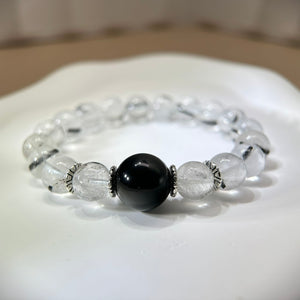 Black Tourmalined Quartz Black Obsidian Beads Bracelet 黑发晶水晶黑曜石手串