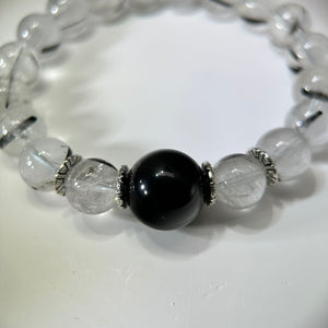 Black Tourmalined Quartz Black Obsidian Beads Bracelet 黑发晶水晶黑曜石手串