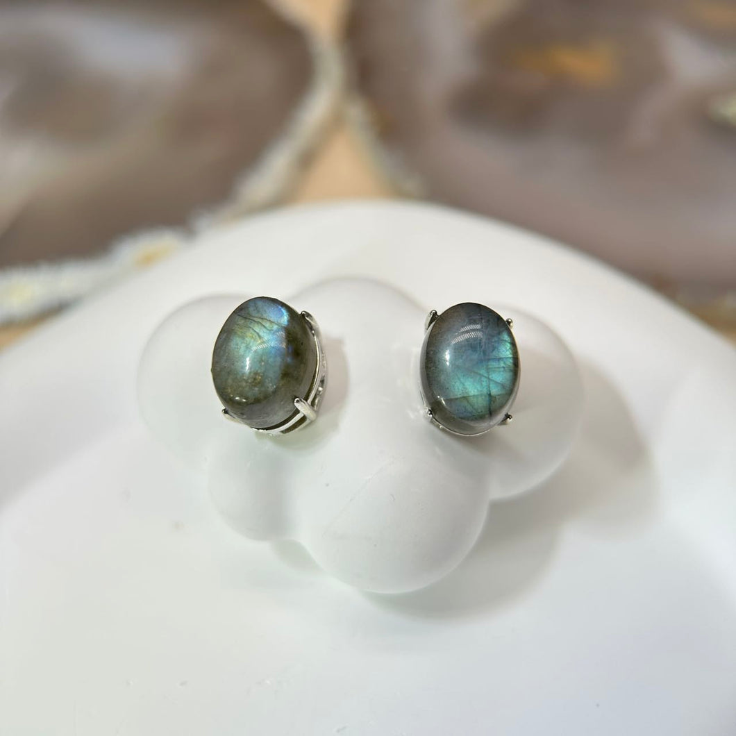 925 Silver Labradorite Earrings 拉长石灰月光石镶嵌银耳钉