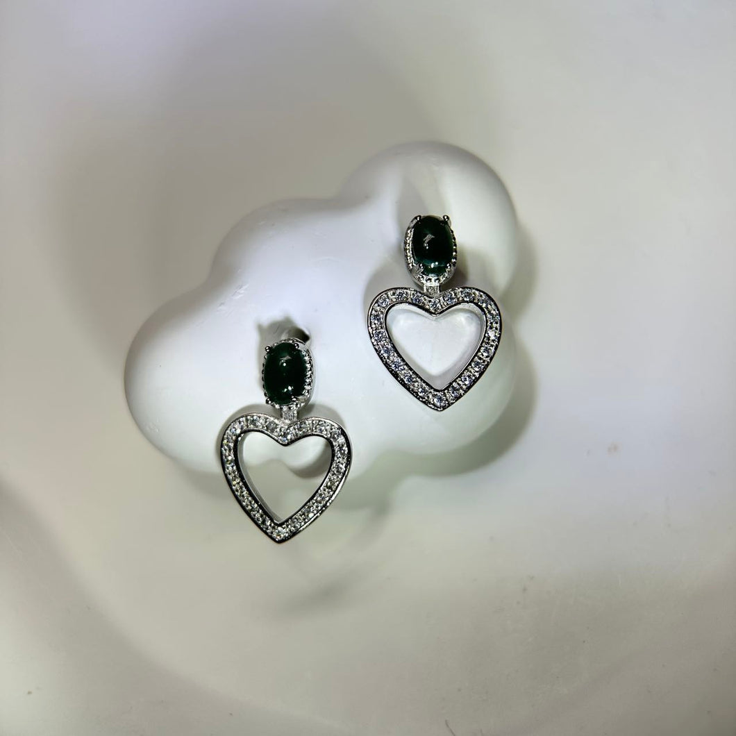 925 Silver Blue Jade Love Heart Earrings 糯种蓝水翡翠镶嵌爱心银耳钉