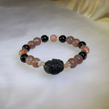 Load image into Gallery viewer, Silver Sheen Obsidian Sunstone Rose Amulet Bracelet 银眼黑曜石太阳石玫瑰如意守护手串
