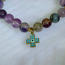 Load image into Gallery viewer, Rainbow Fluorite Evil Eye Cross Bracelet 彩虹萤石恶魔之眼十字架手串
