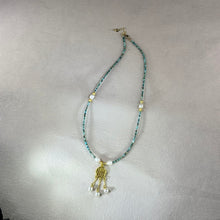 将图片加载到图库查看器，Blue Turquoise White Freshwater Pearl Dream Catcher Pendant Beads Necklace 蓝色松石白色淡水珍珠捕梦网吊坠珠链项链
