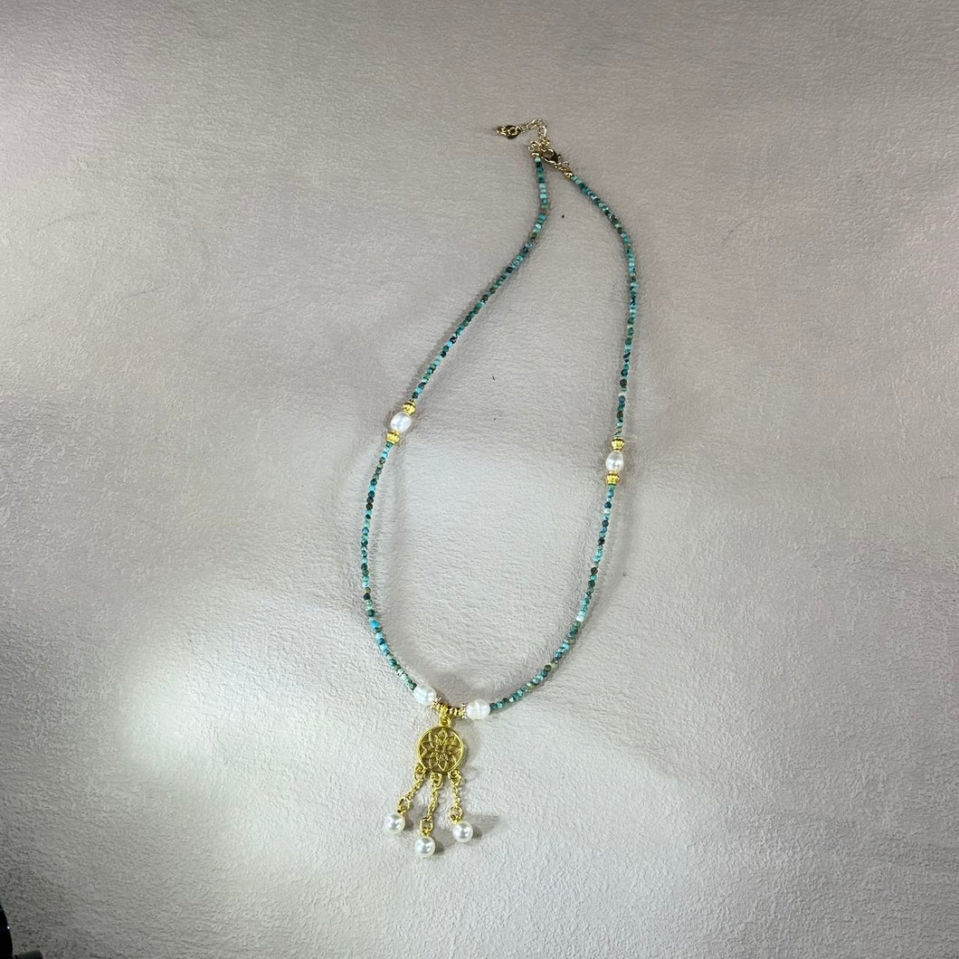 Blue Turquoise White Freshwater Pearl Dream Catcher Pendant Beads Necklace 蓝色松石白色淡水珍珠捕梦网吊坠珠链项链