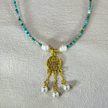 将图片加载到图库查看器，Blue Turquoise White Freshwater Pearl Dream Catcher Pendant Beads Necklace 蓝色松石白色淡水珍珠捕梦网吊坠珠链项链
