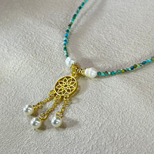 将图片加载到图库查看器，Blue Turquoise White Freshwater Pearl Dream Catcher Pendant Beads Necklace 蓝色松石白色淡水珍珠捕梦网吊坠珠链项链
