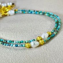 Load image into Gallery viewer, Blue Turquoise White Freshwater Pearl Dream Catcher Pendant Beads Necklace 蓝色松石白色淡水珍珠捕梦网吊坠珠链项链
