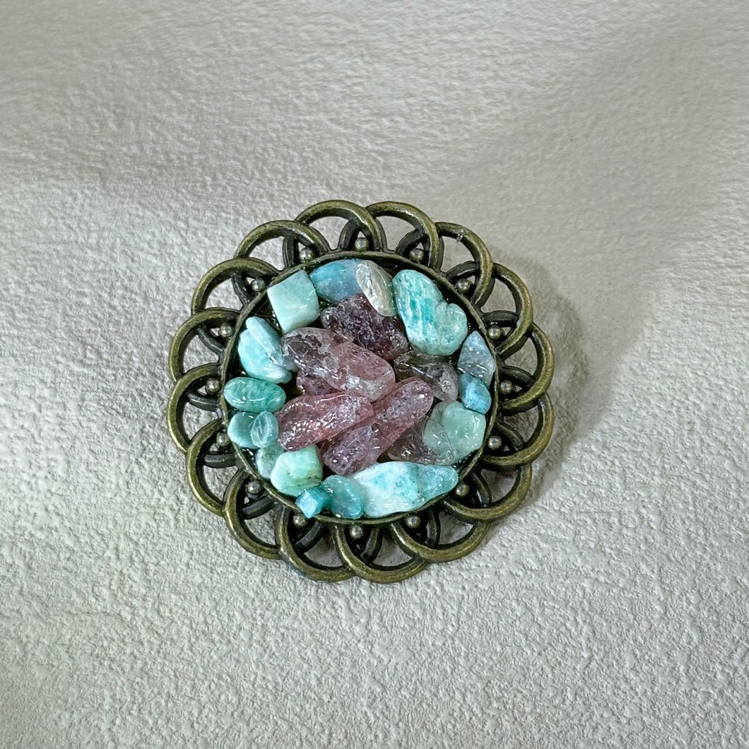 Red Strawberry Quartz Amazonite Brooch 红色草莓晶天河石胸针