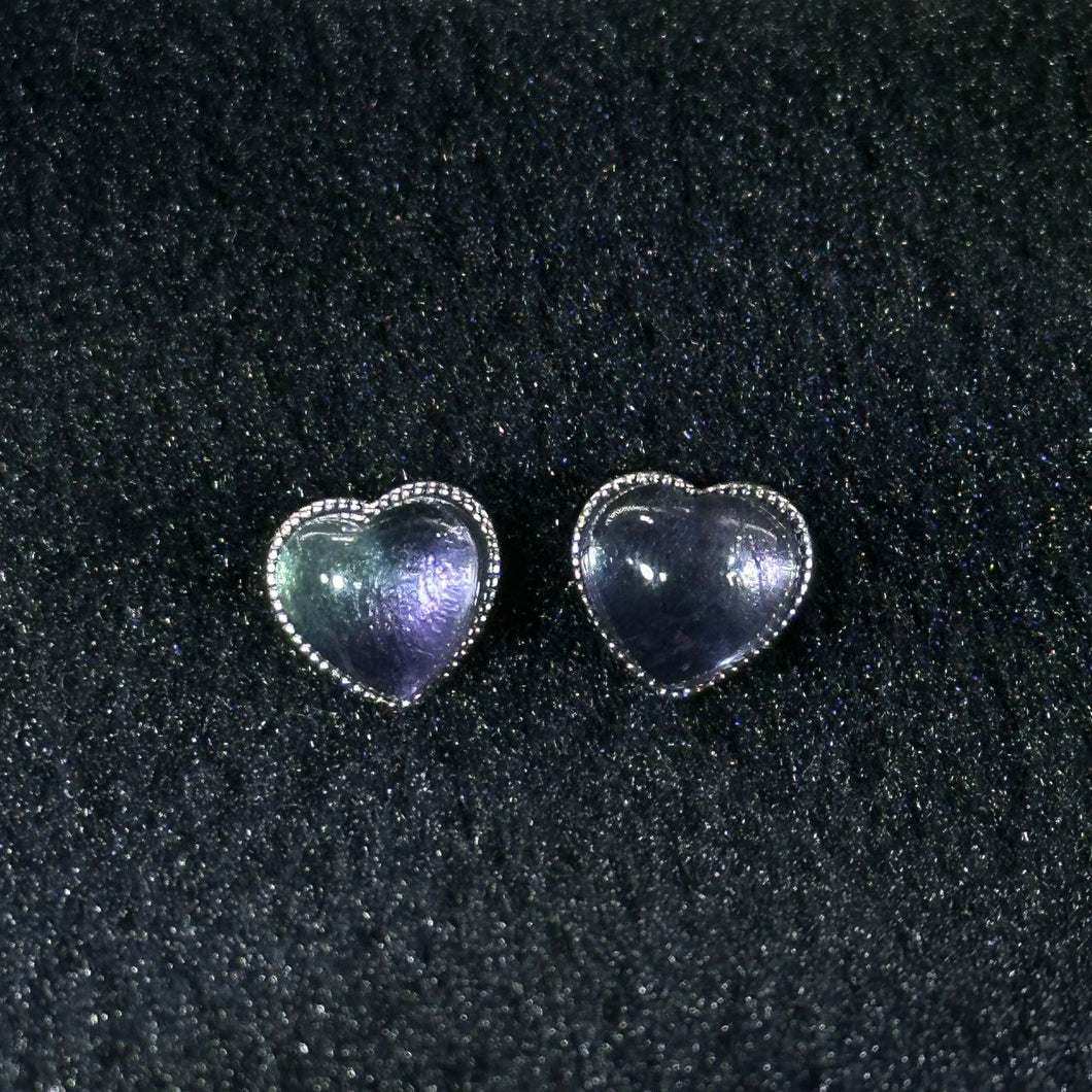 925 Silver Fluorite Love Heart Earrings 萤石爱心镶嵌银耳钉