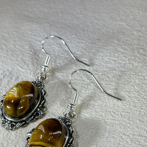 925 Silver Yellow Tiger's Eye Earrings 黄色虎眼石镶嵌银耳钩