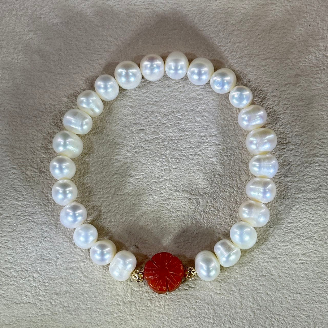 White Freshwater Pearl Carnelian Flower Beads Bracelet 白色淡水珍珠南红玛瑙花珠手串