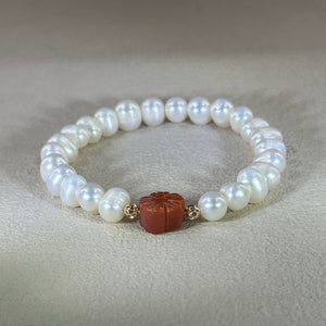 White Freshwater Pearl Carnelian Flower Beads Bracelet 白色淡水珍珠南红玛瑙花珠手串