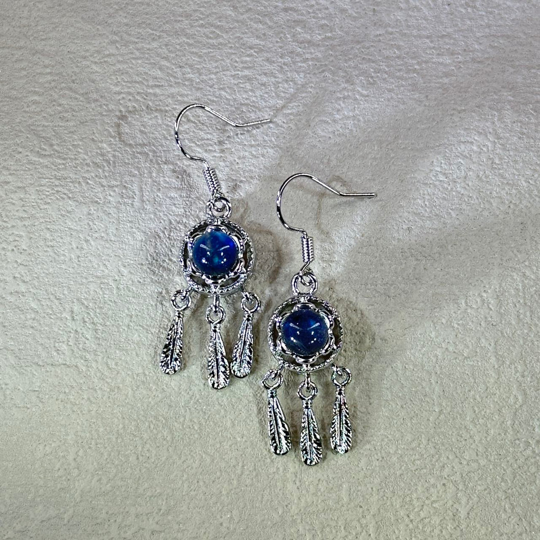 925 Silver Labradorite Dream Catcher Earrings 拉长石灰月光石镶嵌捕梦网银耳钩