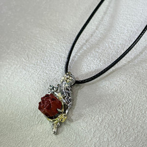 Red Jasper Blossom Parrot Pendant Necklace 红色阿拉善玛瑙牡丹花镶嵌鹦鹉吊坠项链