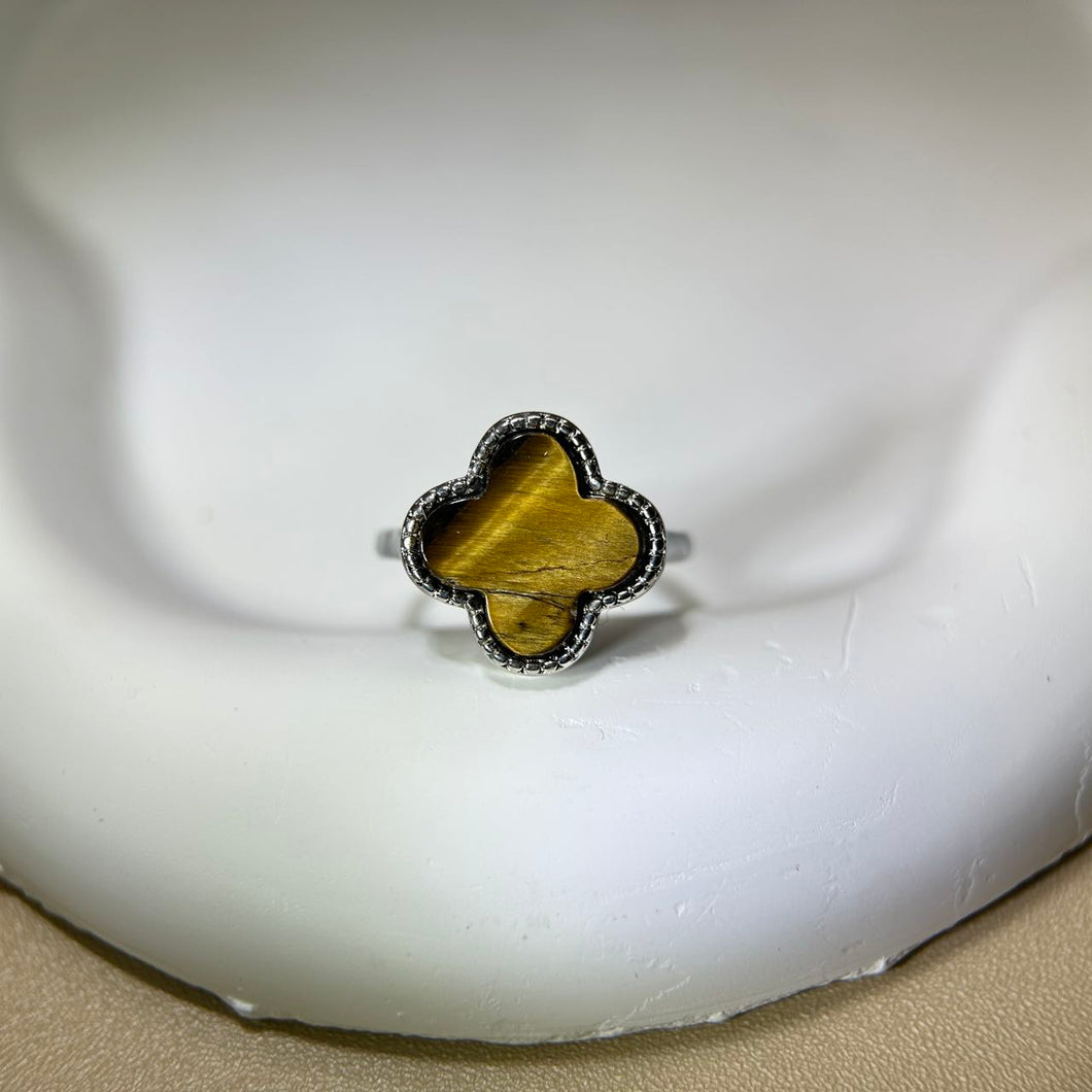 Yellow Tiger's Eye Clover Adjustable Ring 黄色虎眼石四叶草镶嵌活口戒指