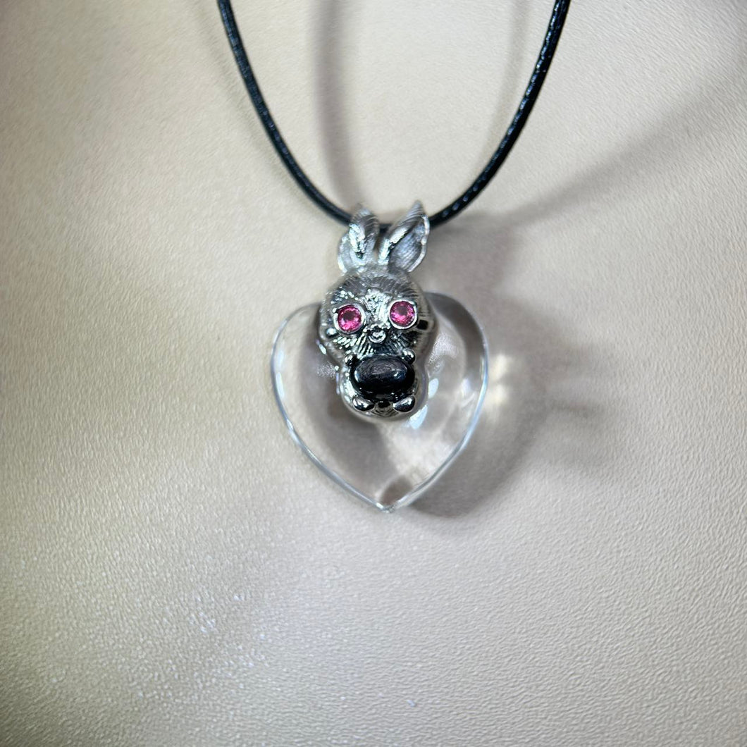 Clear Quartz Love Heart Hypersthene Rabbit Pendant 白水晶爱心金运石镶嵌兔子吊坠项链