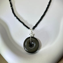 将图片加载到图库查看器，Golden Sheen Obsidian Lucky Buckle Pendant Black Spinel Beads Chain Necklace 金眼黑曜石平安扣吊坠黑色尖晶石珠链项链
