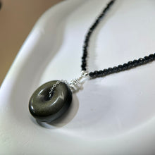 Load image into Gallery viewer, Golden Sheen Obsidian Lucky Buckle Pendant Black Spinel Beads Chain Necklace 金眼黑曜石平安扣吊坠黑色尖晶石珠链项链
