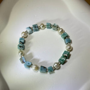 Larimar White Freshwater Pearl Beads Bracelet 海纹石白色淡水珍珠手串