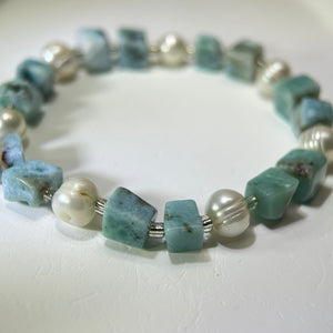 Larimar White Freshwater Pearl Beads Bracelet 海纹石白色淡水珍珠手串