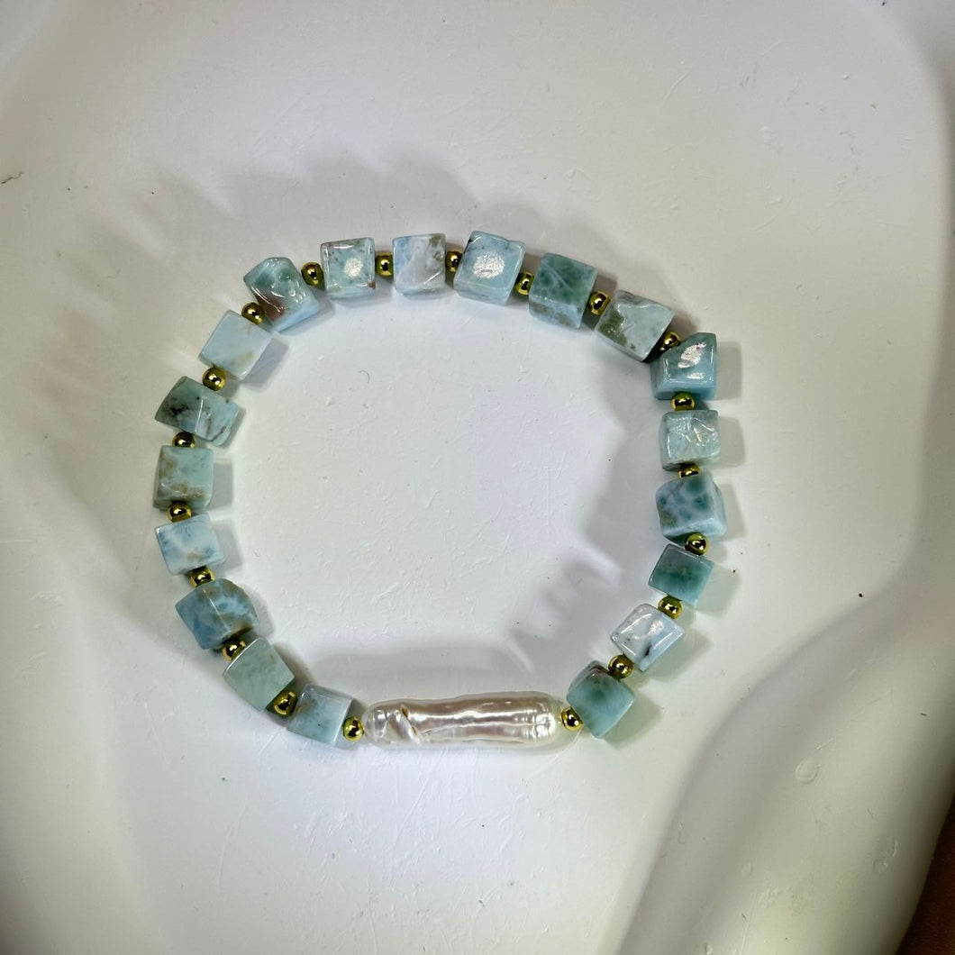 Larimar White Baroque Freshwater Pearl Beads Bracelet 海纹石白色巴洛克淡水珍珠手串