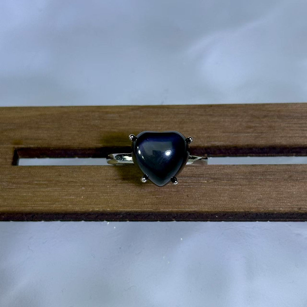 Rainbow Sheen Obsidian Love Heart Adjustable Ring 彩眼黑曜石爱心镶嵌活口戒指